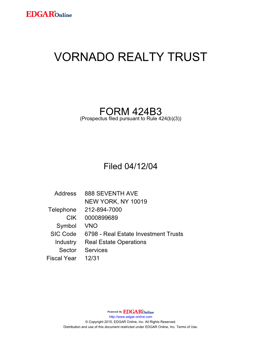 Vornado Realty Trust Form 424B3