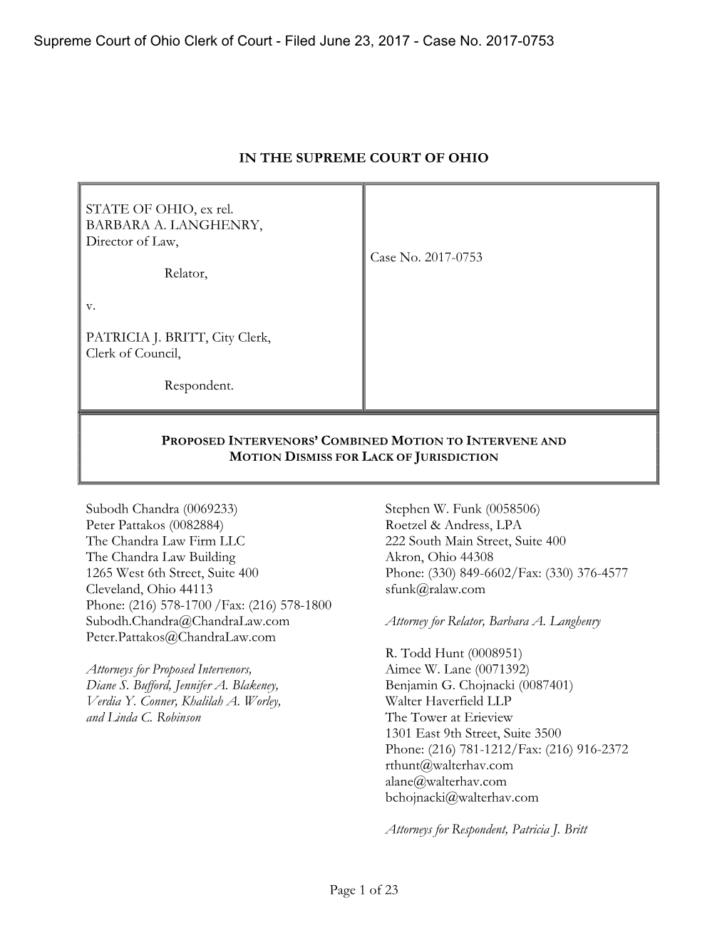 Page 1 of 23 in the SUPREME COURT of OHIO STATE of OHIO, Ex Rel. BARBARA A. LANGHENRY, Director of Law, Relator, V. PATRICIA J