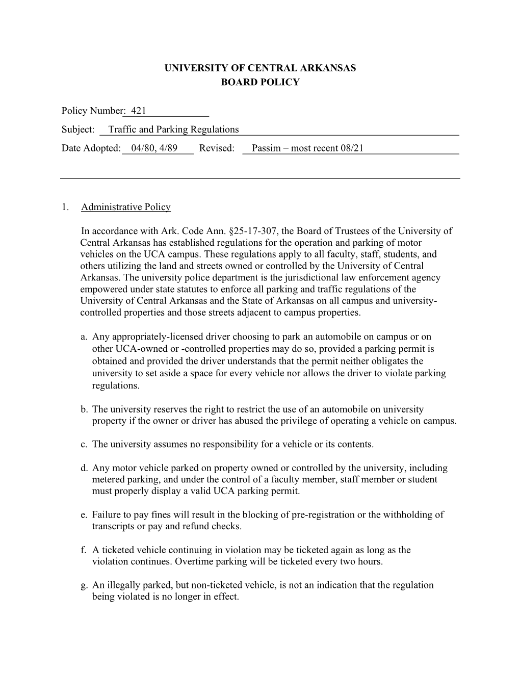 Traffic and Parking Regulations – Board Policy