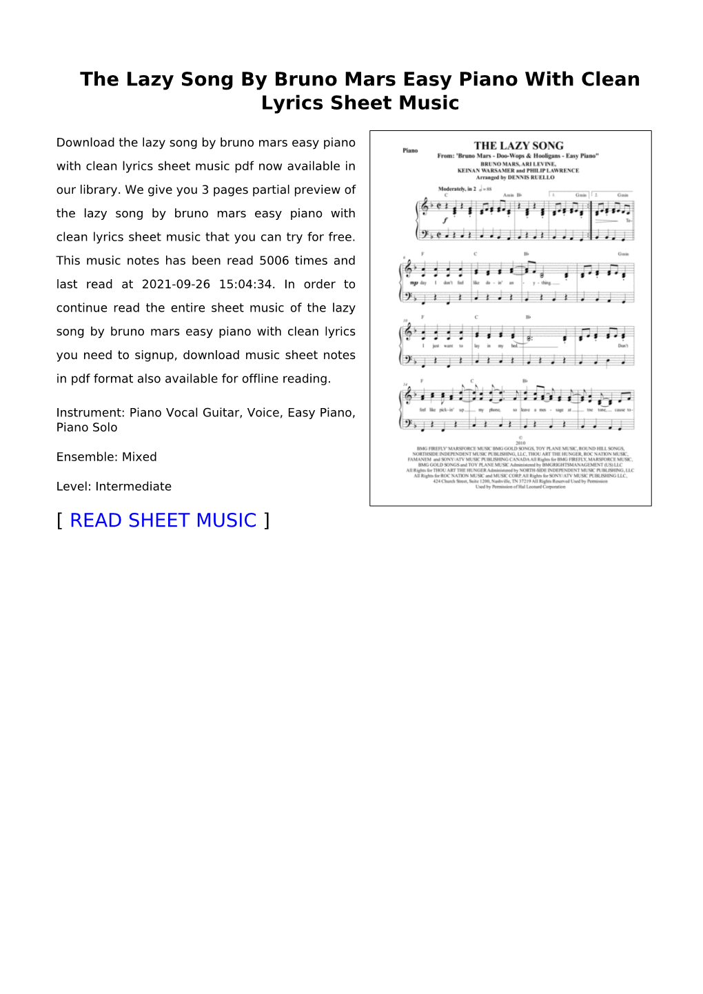 The Lazy Song by Bruno Mars Easy Piano with Clean Lyrics Sheet Music