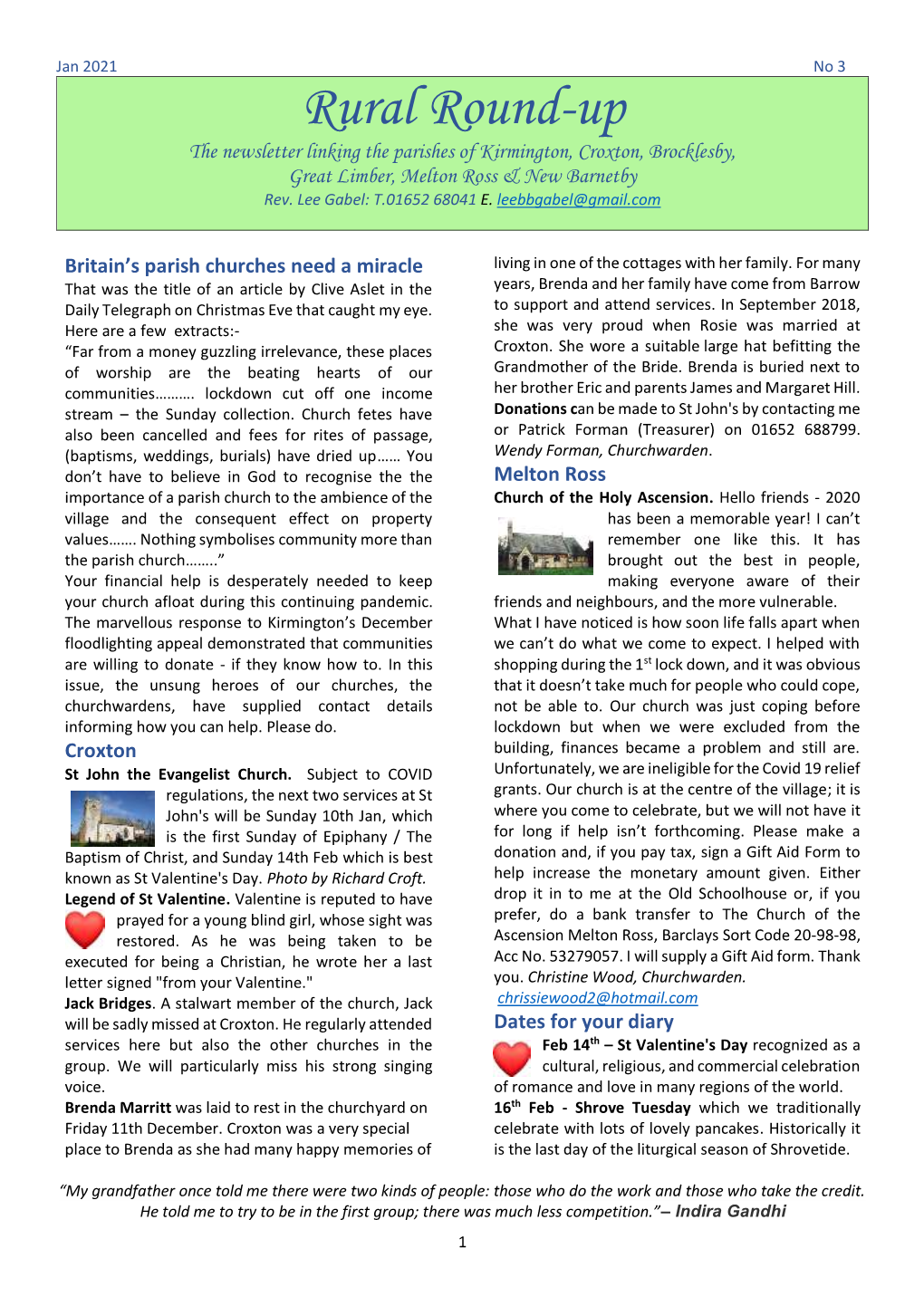 Rural Round-Up the Newsletter Linking the Parishes of Kirmington, Croxton, Brocklesby, Great Limber, Melton Ross & New Barnetby Rev