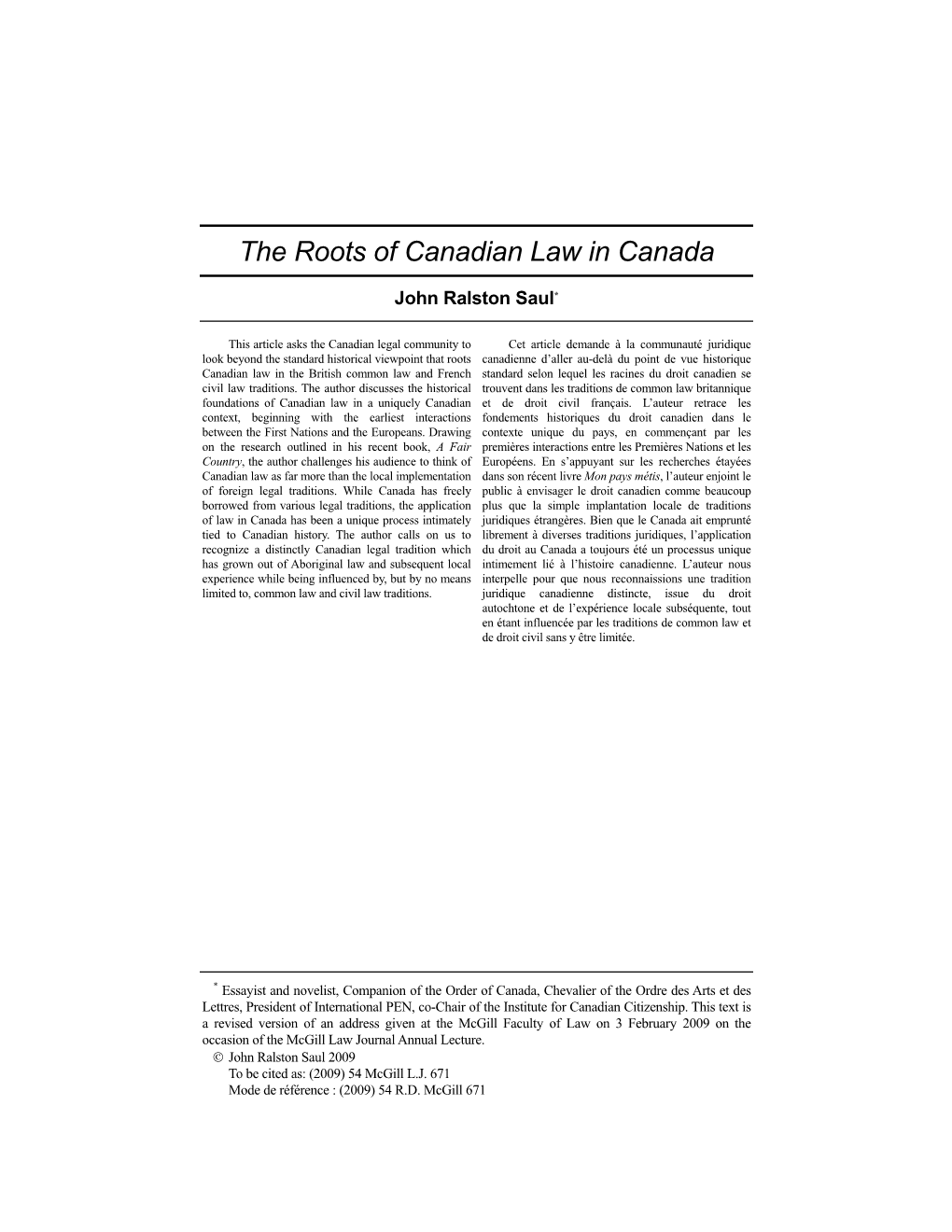 The Roots of Canadian Law in Canada