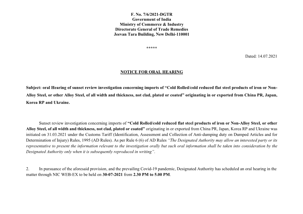 F. No. 7/6/2021-DGTR Government of India Ministry of Commerce & Industry Directorate General of Trade Remedies Jeevan Tara Building, New Delhi-110001