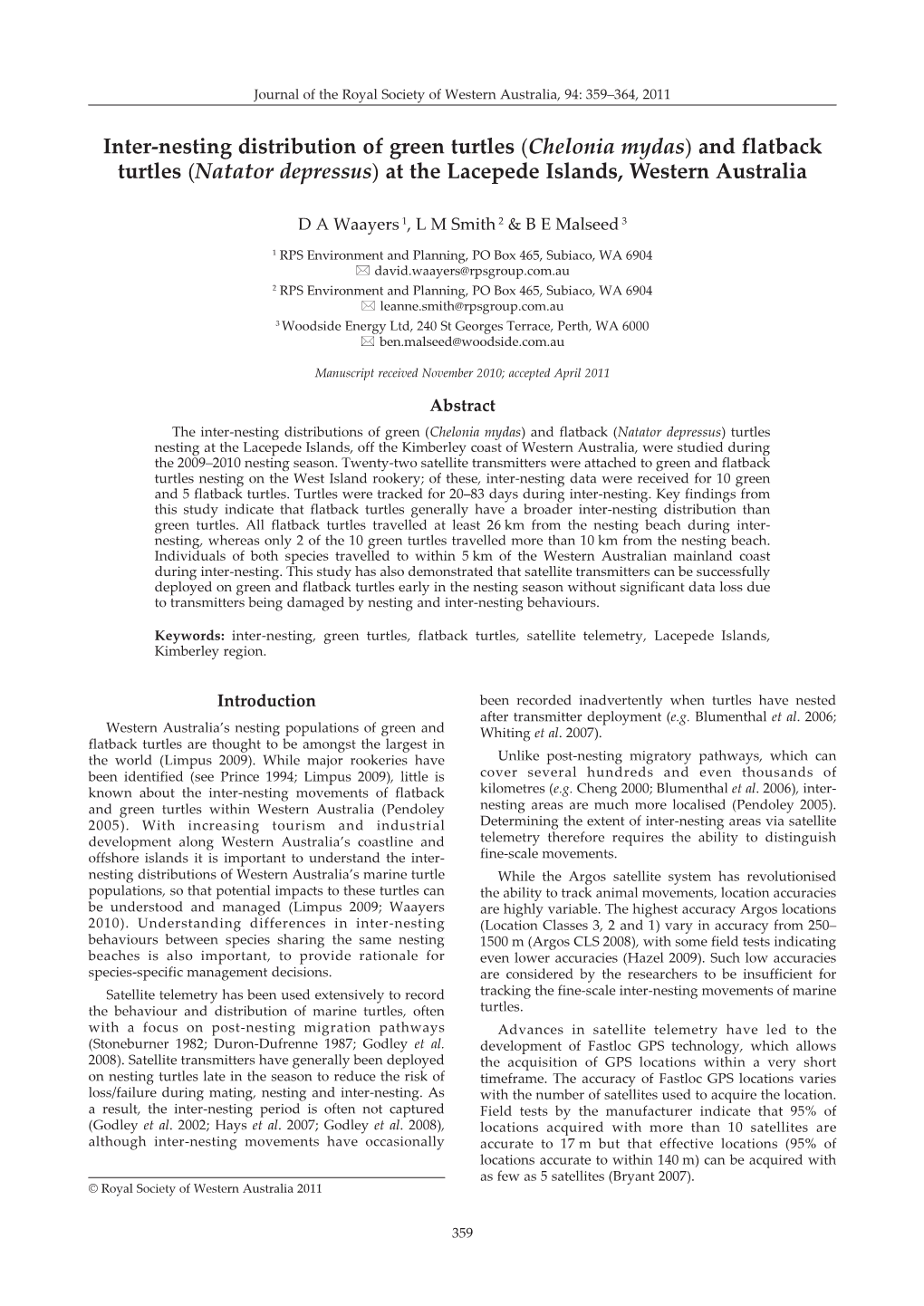 Inter-Nesting Distribution of Green Chelonia Mydas and Flatback Turtles