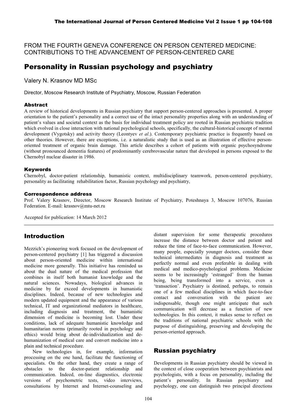 Personality in Russian Psychology and Psychiatry