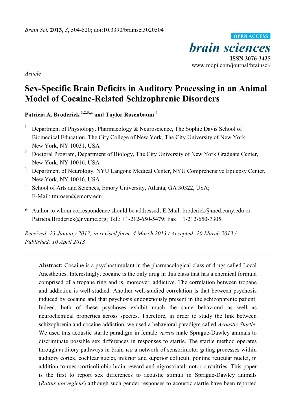 Sex-Specific Brain Deficits in Auditory Processing in an Animal Model of Cocaine-Related Schizophrenic Disorders