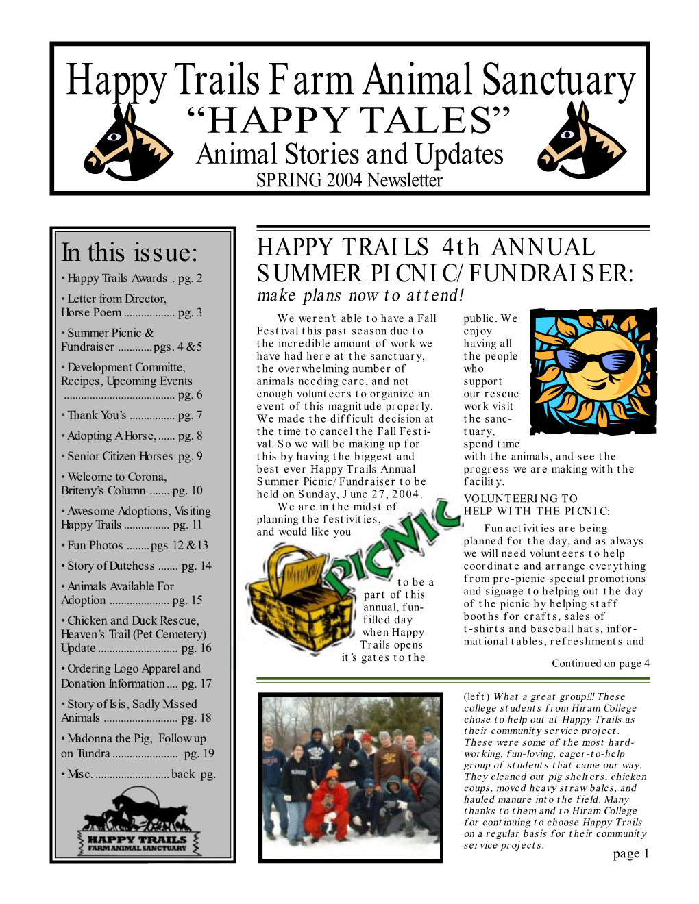 Happy Trails Farm Animal Sanctuary “HAPPY TALES” Animal Stories and Updates SPRING 2004 Newsletter