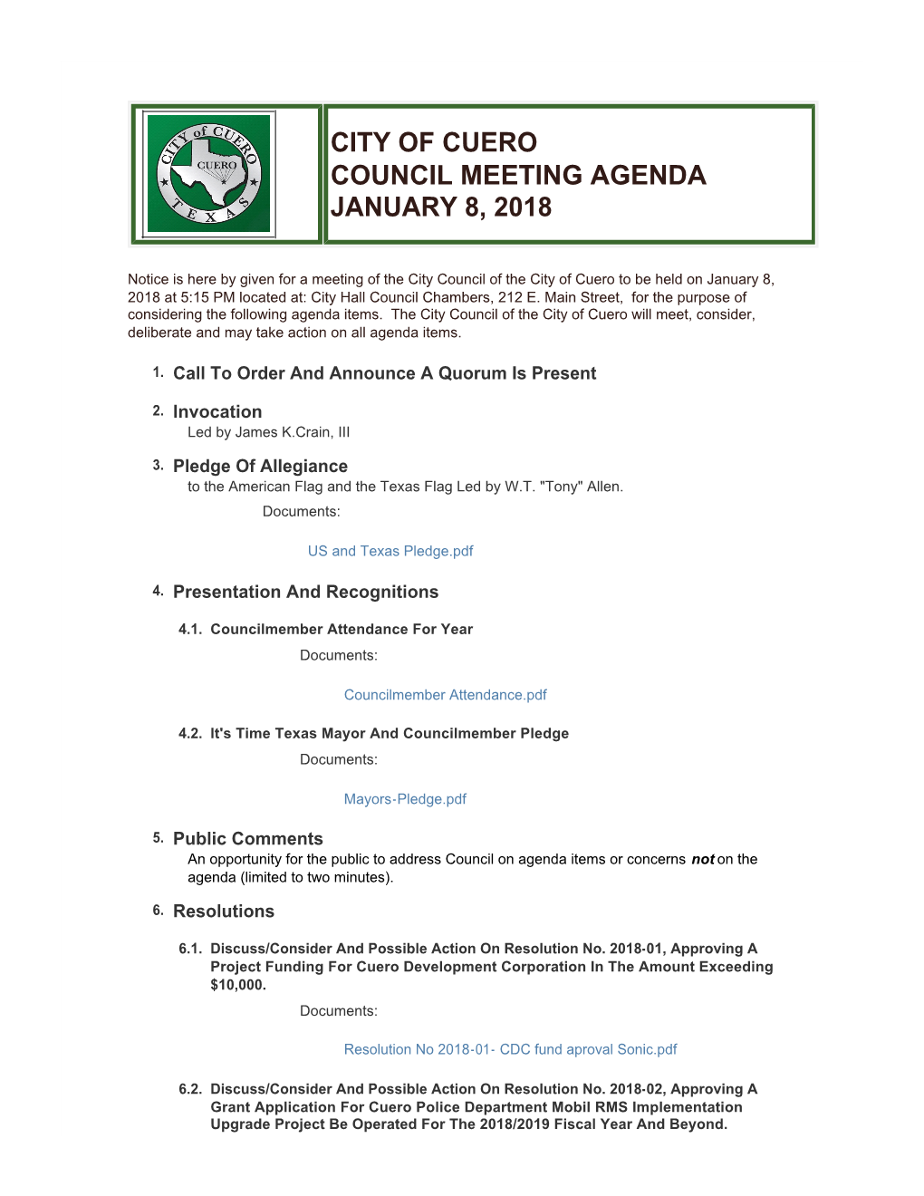 City of Cuero Council Meeting Agenda January 8, 2018