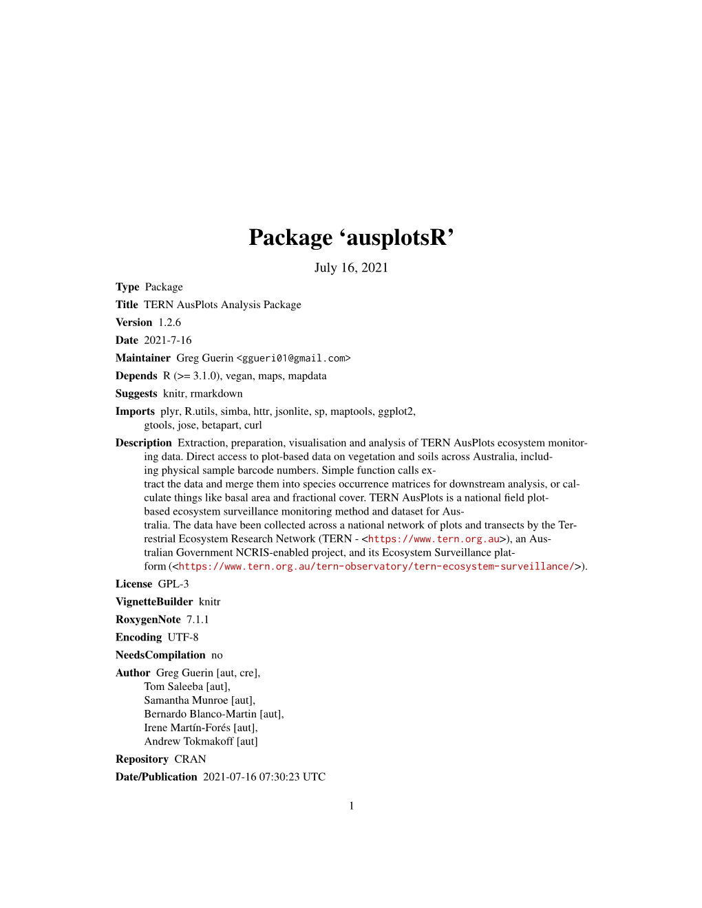 Ausplotsr: TERN Ausplots Analysis Package