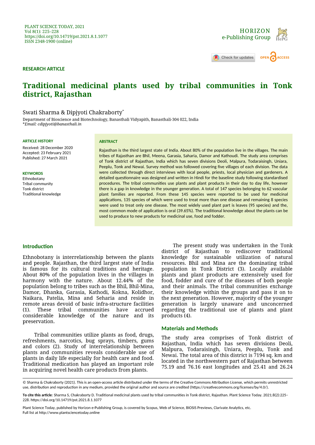 PLANT SCIENCE TODAY, 2021 Vol 8(1): 225–228 HORIZON E-Publishing Group ISSN 2348-1900 (Online)