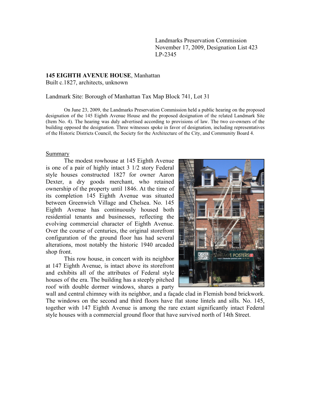 Landmarks Preservation Commission November 17, 2009, Designation List 423 LP-2345