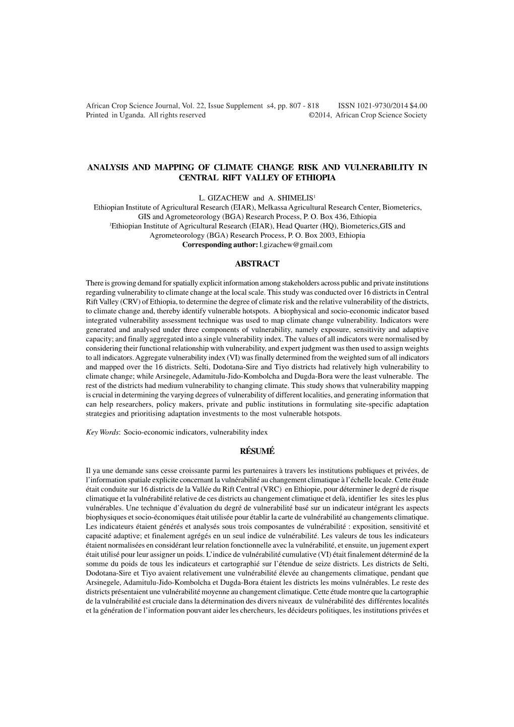 Analysis and Mapping of Climate Change Risk and Vulnerability in Central Rift Valley of Ethiopia