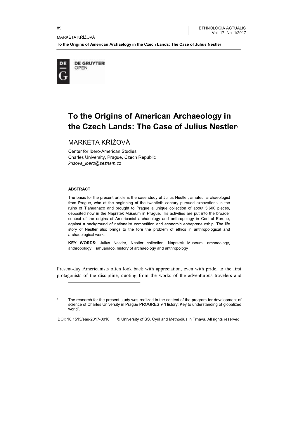 To the Origins of American Archaeology in the Czech