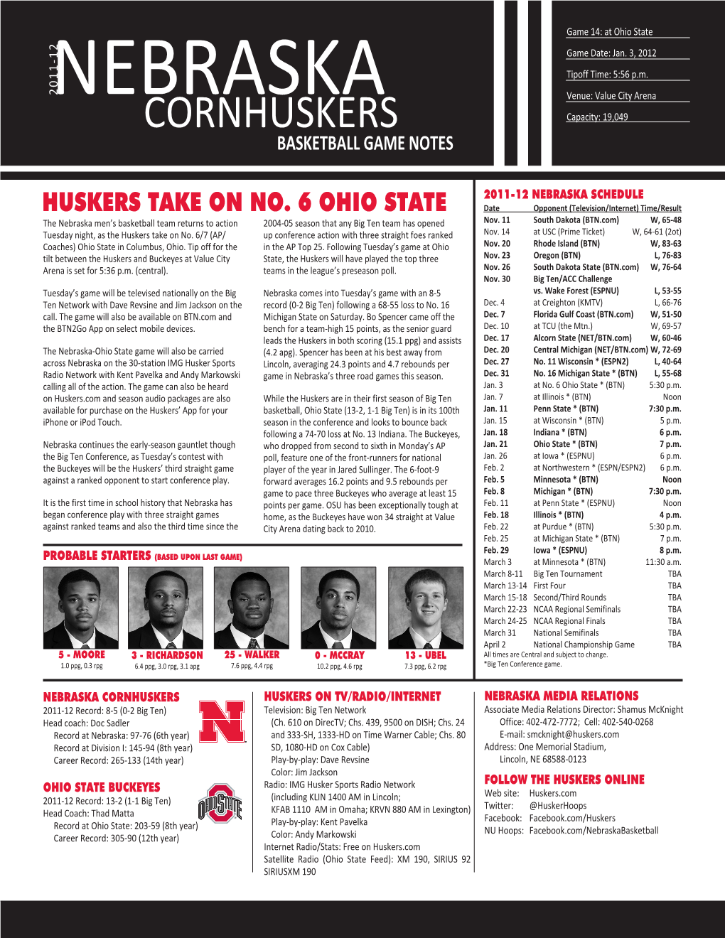 CORNHUSKERS Capacity: 19,049 BASKETBALL GAME NOTES