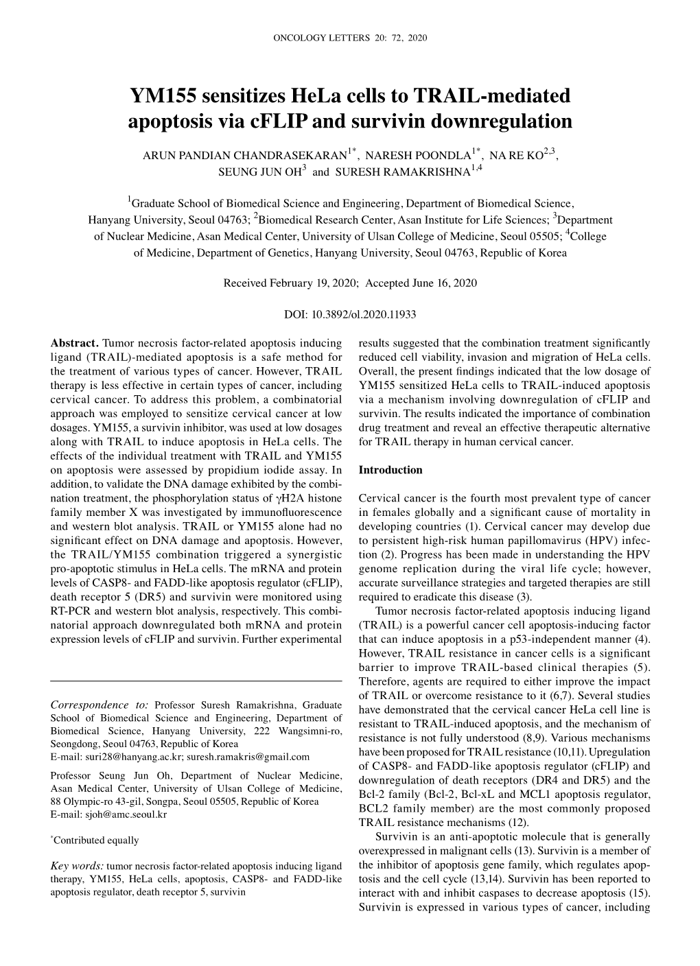 YM155 Sensitizes Hela Cells to TRAIL‑Mediated Apoptosis Via Cflip and Survivin Downregulation