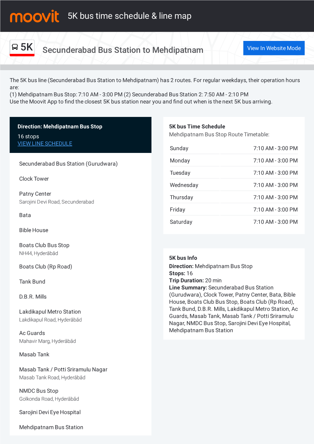 5K Bus Time Schedule & Line Route