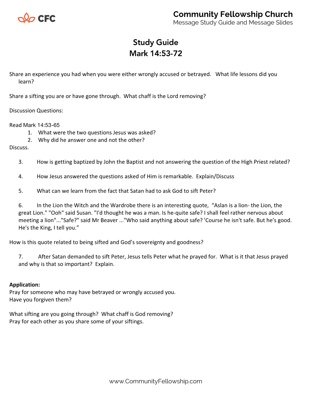 Community Fellowship Church Study Guide Mark 14:53-72