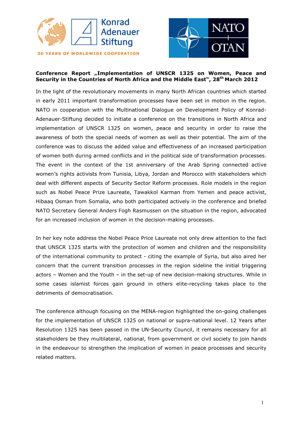 Conference Report „Implementation of UNSCR 1325 on Women, Peace and Security in the Countries of North Africa and the Middle East“, 28 Th March 2012