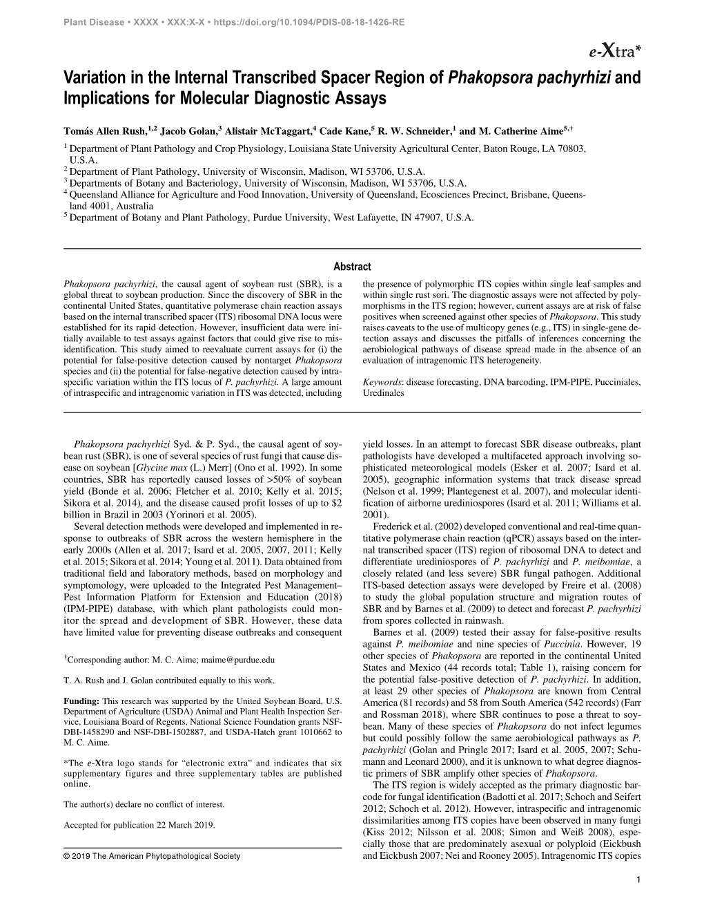 Variation in the Internal Transcribed Spacer Region of Phakopsora Pachyrhizi and Implications for Molecular Diagnostic Assays