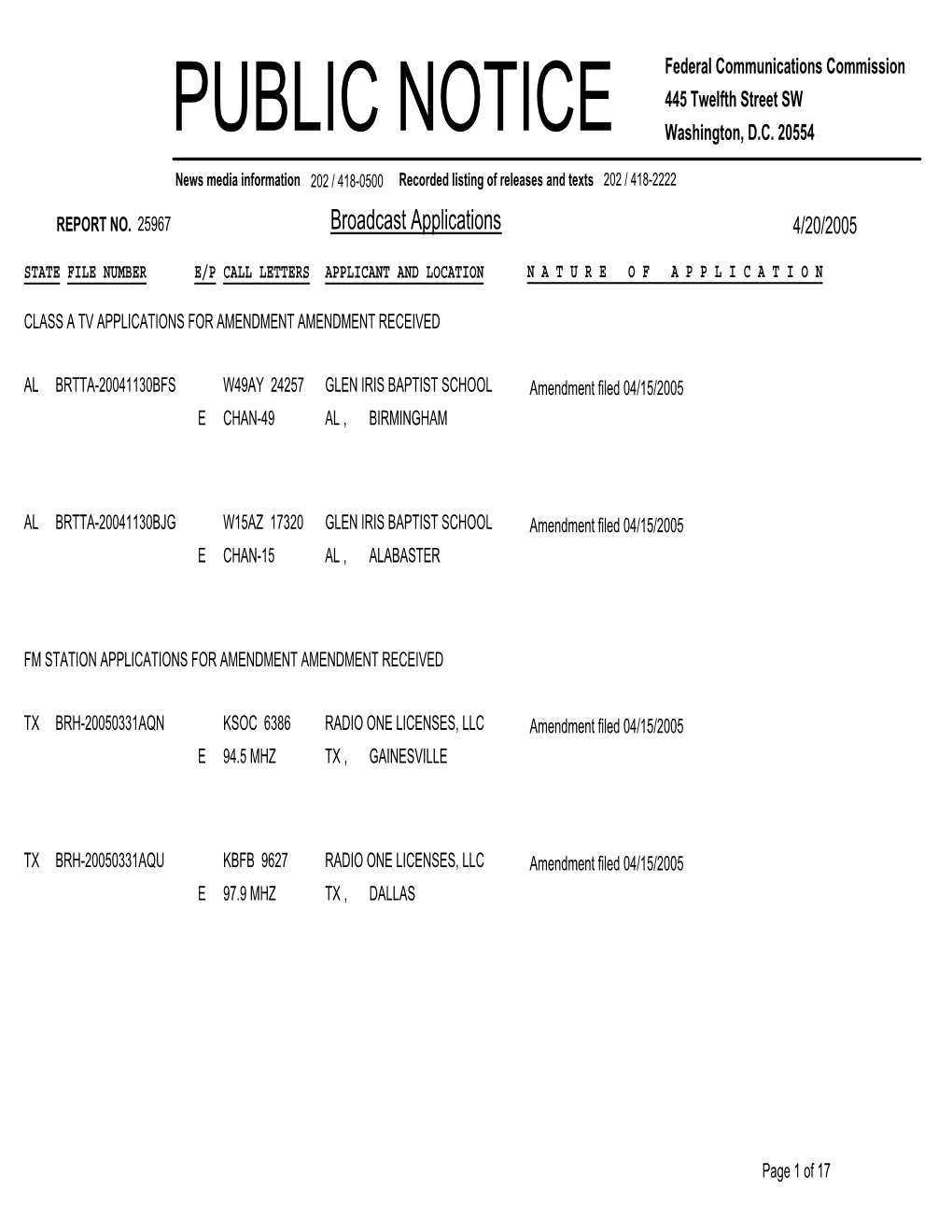 Broadcast Applications 4/20/2005