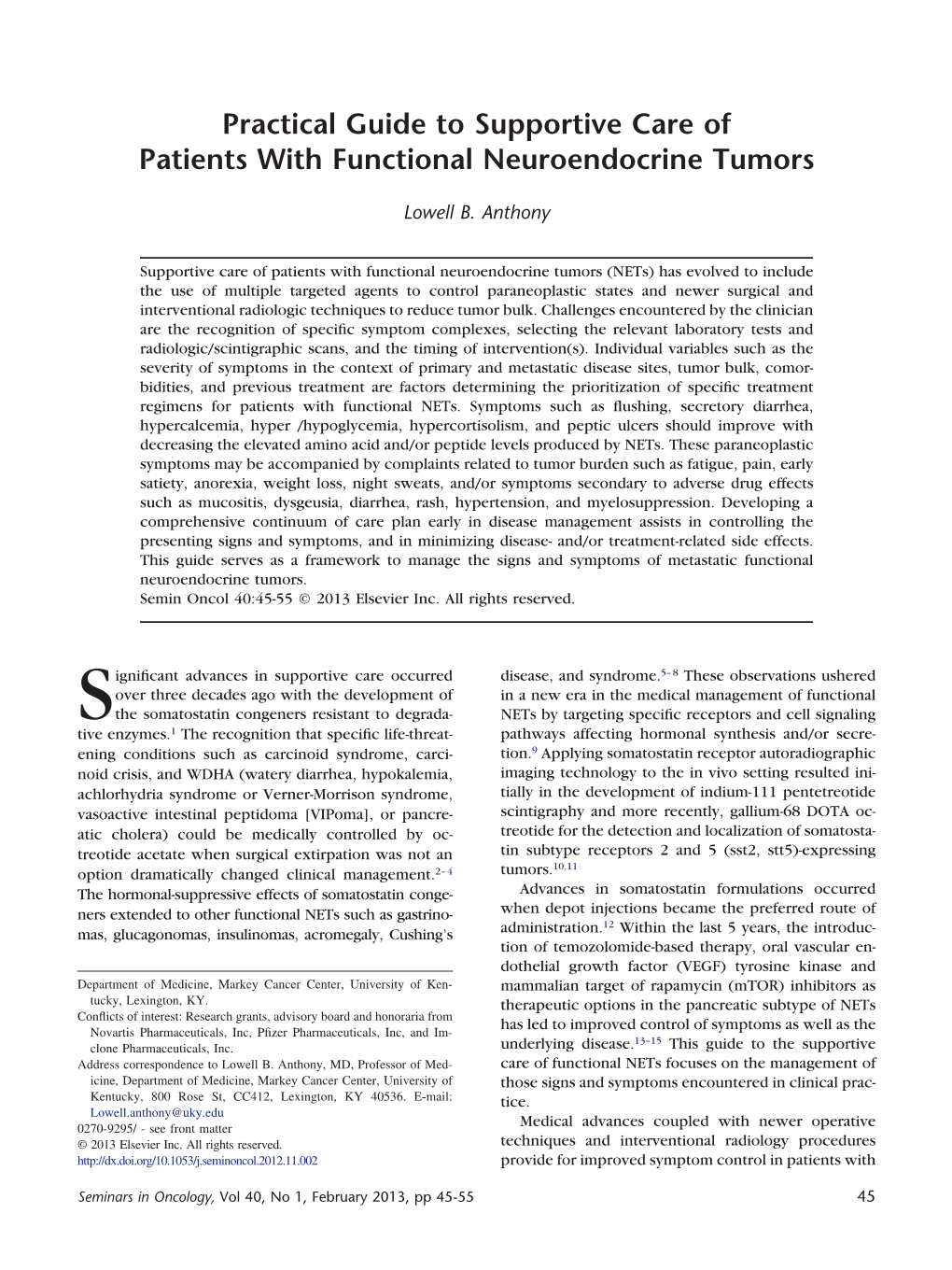 Practical Guide to Supportive Care of Patients with Functional Neuroendocrine Tumors