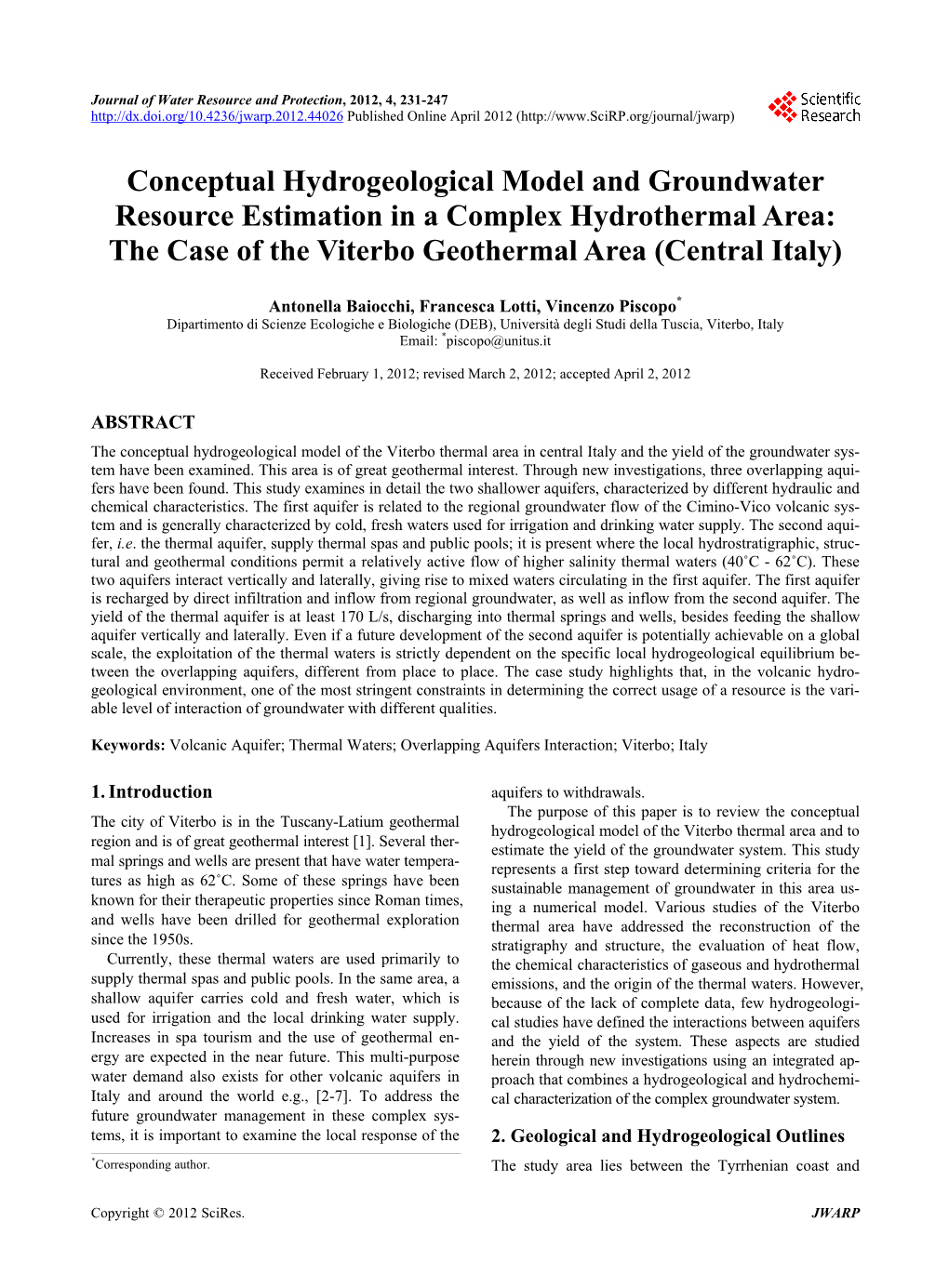Conceptual Hydrogeological Model and Groundwater Resource Estimation in a Complex Hydrothermal Area: the Case of the Viterbo Geothermal Area (Central Italy)