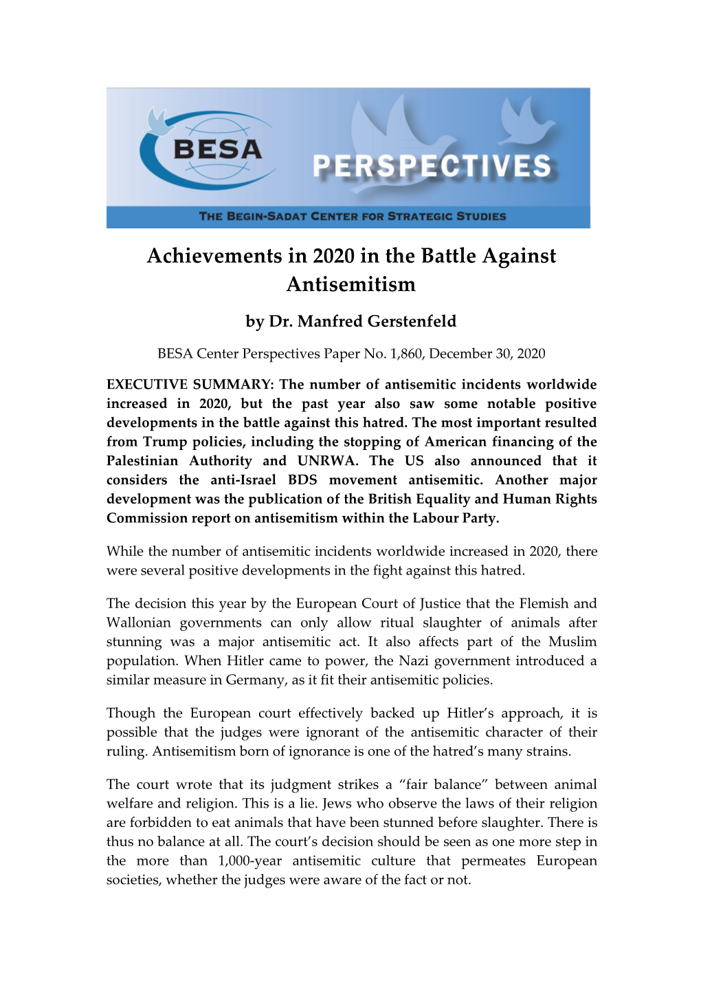 Achievements in 2020 in the Battle Against Antisemitism