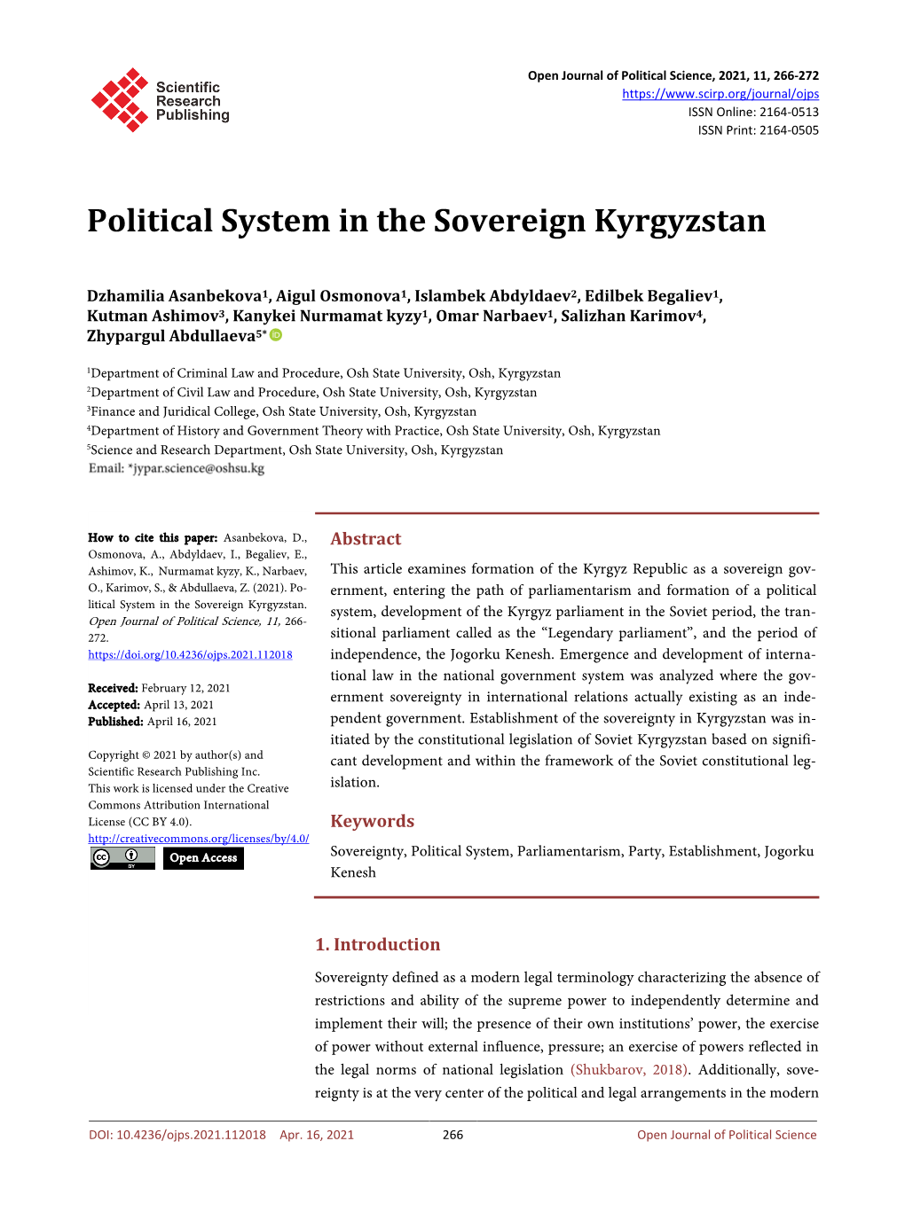 Political System in the Sovereign Kyrgyzstan