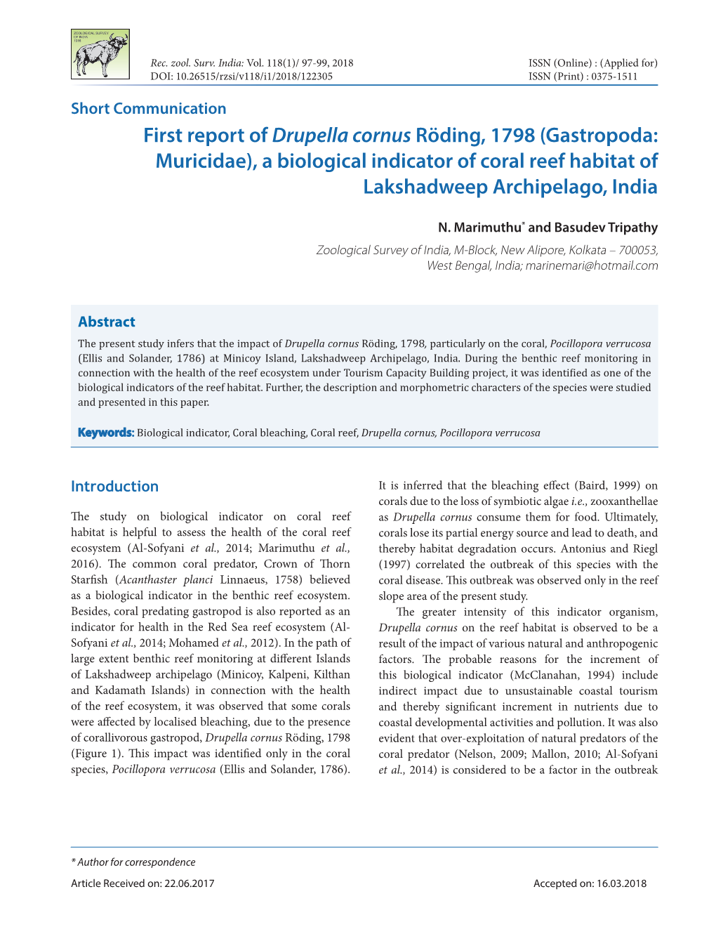 First Report of Drupella Cornus Röding, 1798 (Gastropoda: Muricidae), a Biological Indicator of Coral Reef Habitat of Lakshadweep Archipelago, India