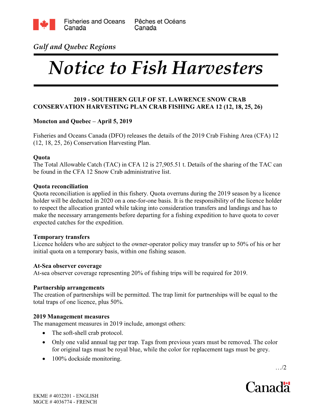 Notice to Fish Harvesters