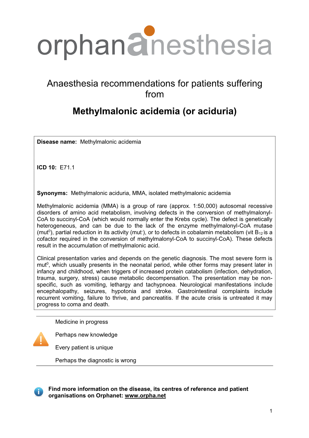 Methylmalonic Acidemia (Or Aciduria)