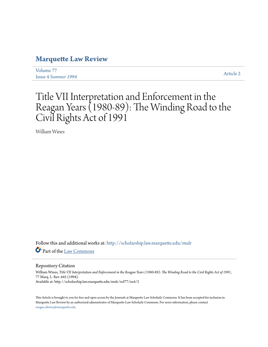 Title VII Interpretation and Enforcement in the Reagan Years (1980-89): the Indinw G Road to the Civil Rights Act of 1991 William Wines