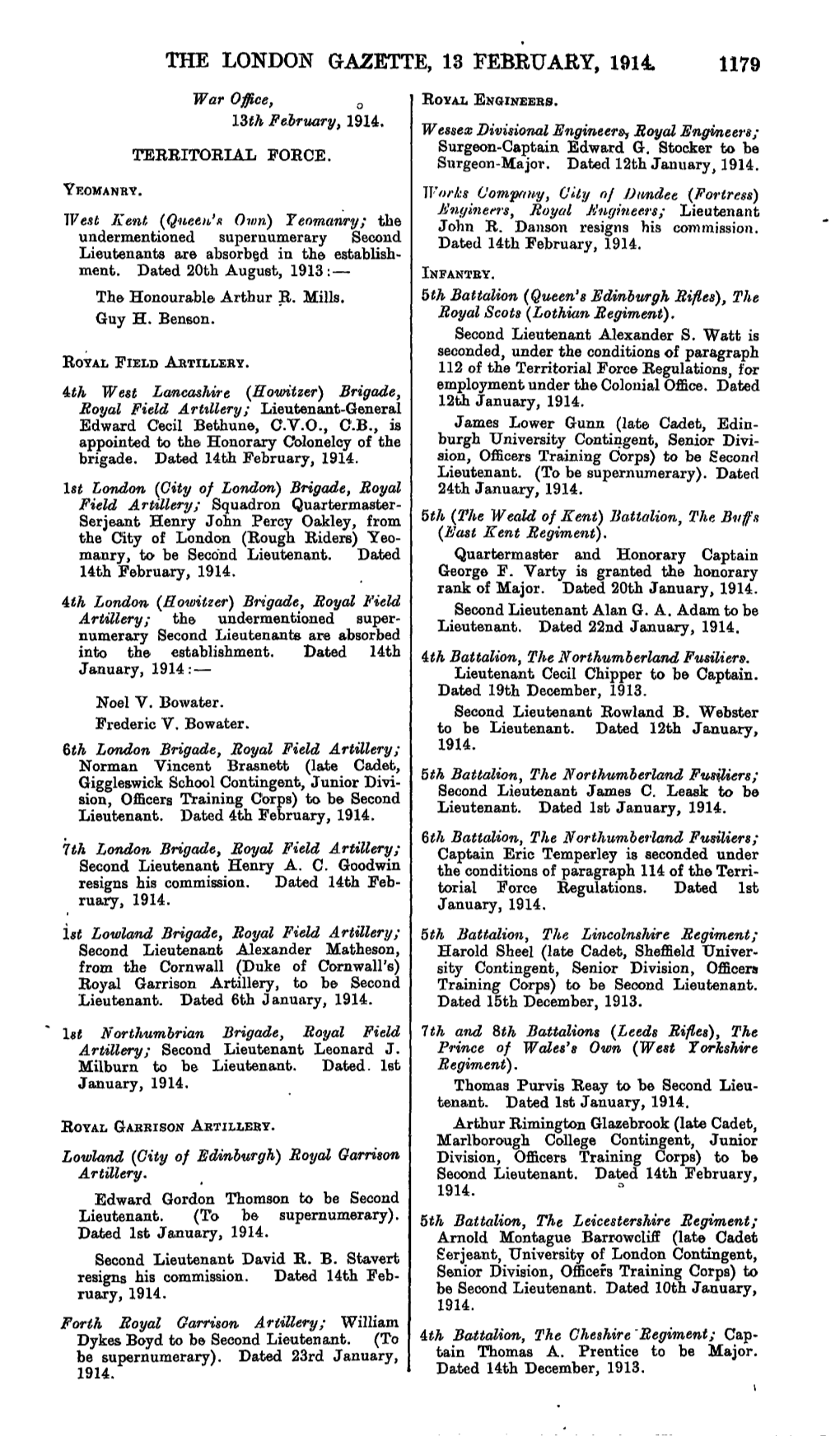 The London Gazette, 13 Febkuaby, 1914. 1179