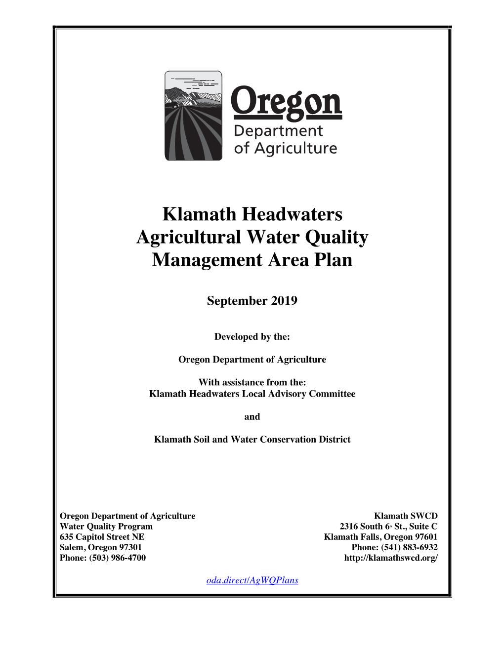 Klamath Headwaters Agricultural Water Quality Management Area Plan