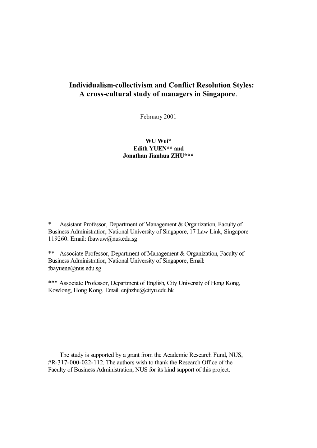 Individualism-Collectivism and Conflict Resolution Styles: a Cross-Cultural Study of Managers in Singapore