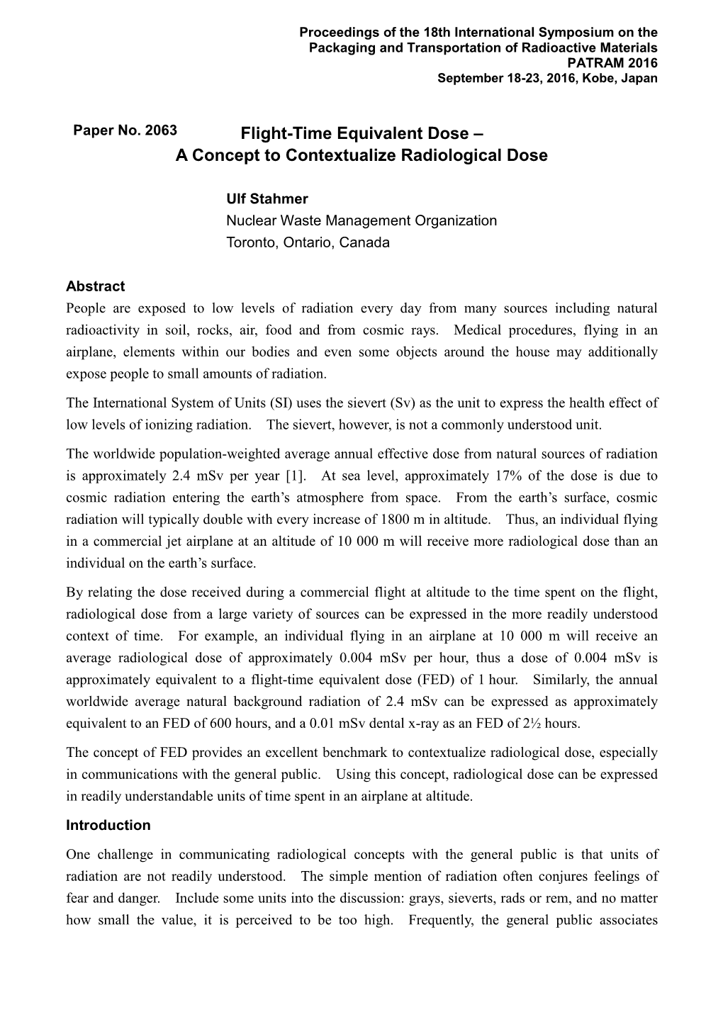 Flight-Time Equivalent Dose – a Concept to Contextualize Radiological Dose