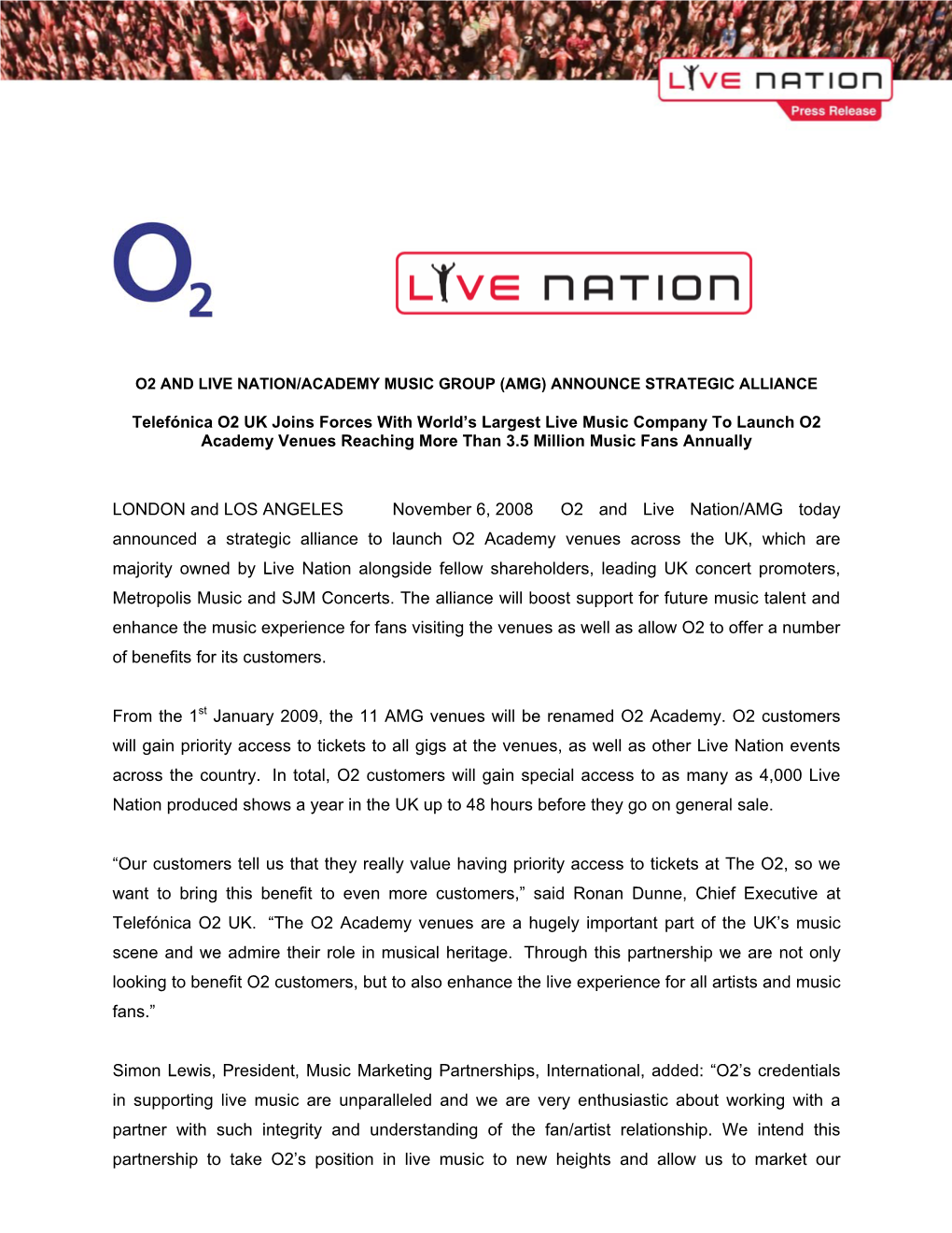 O2 and Live Nation/Academy Music Group (Amg) Announce Strategic Alliance