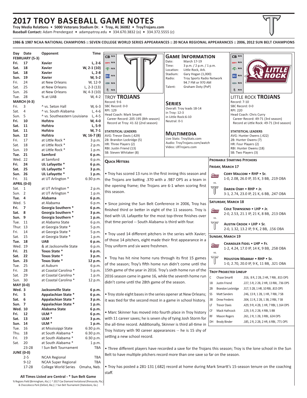 2017 TROY BASEBALL GAME NOTES Troy Media Relations • 5000 Veterans Stadium Dr