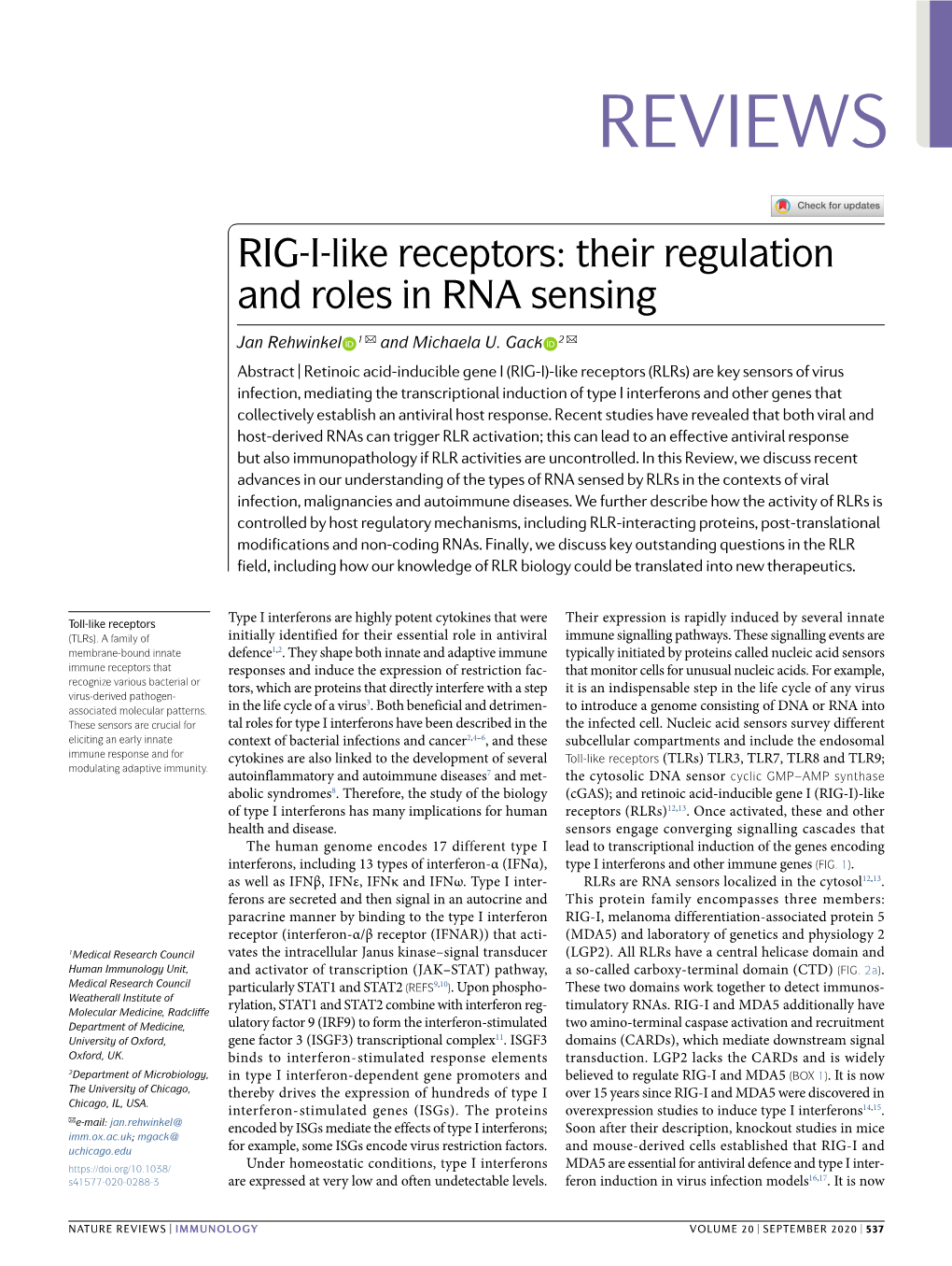 RIG-I-Like Receptors: Their Regulation and Roles in RNA Sensing