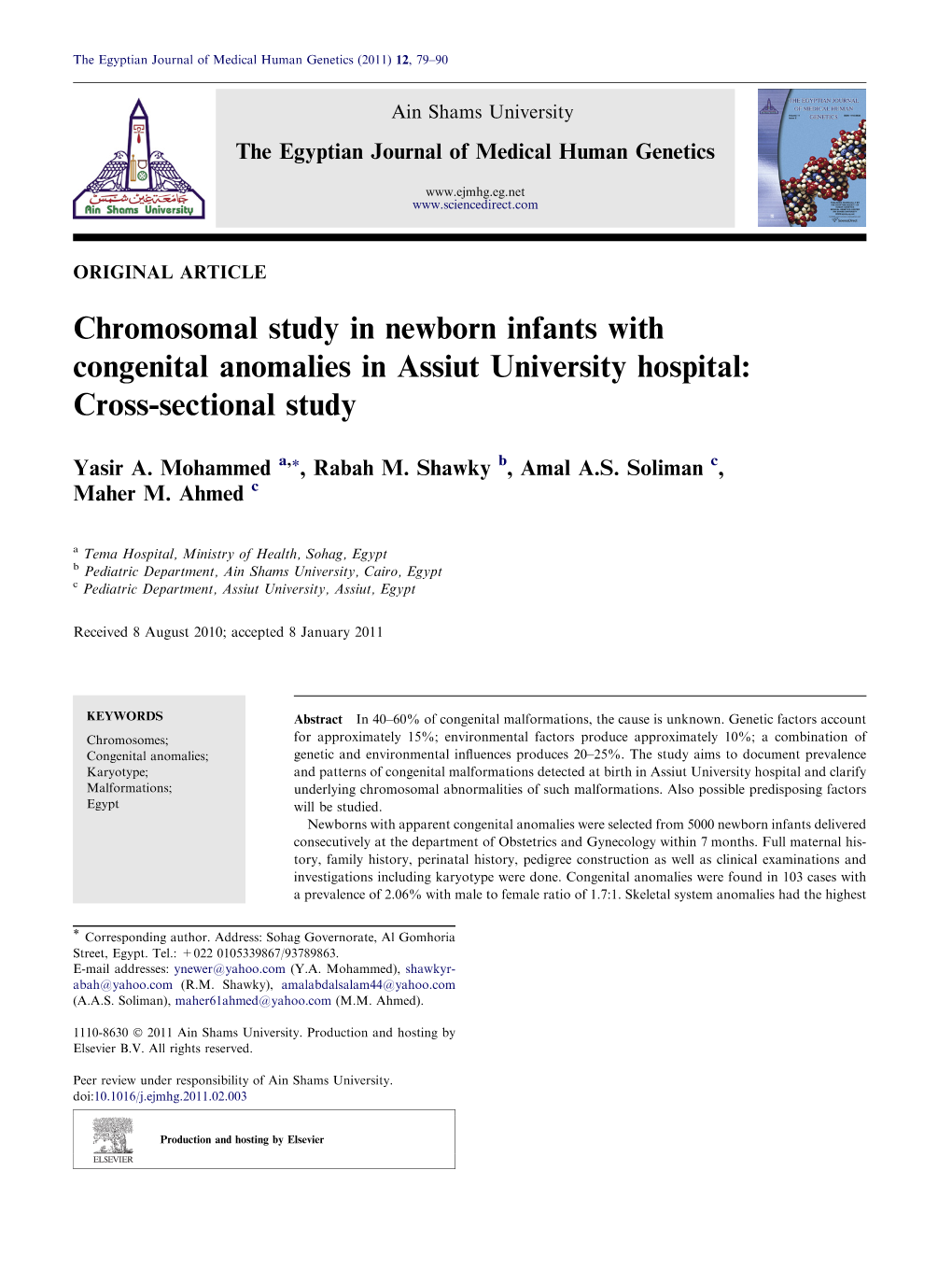 Chromosomal Study in Newborn Infants with Congenital Anomalies in Assiut University Hospital: Cross-Sectional Study