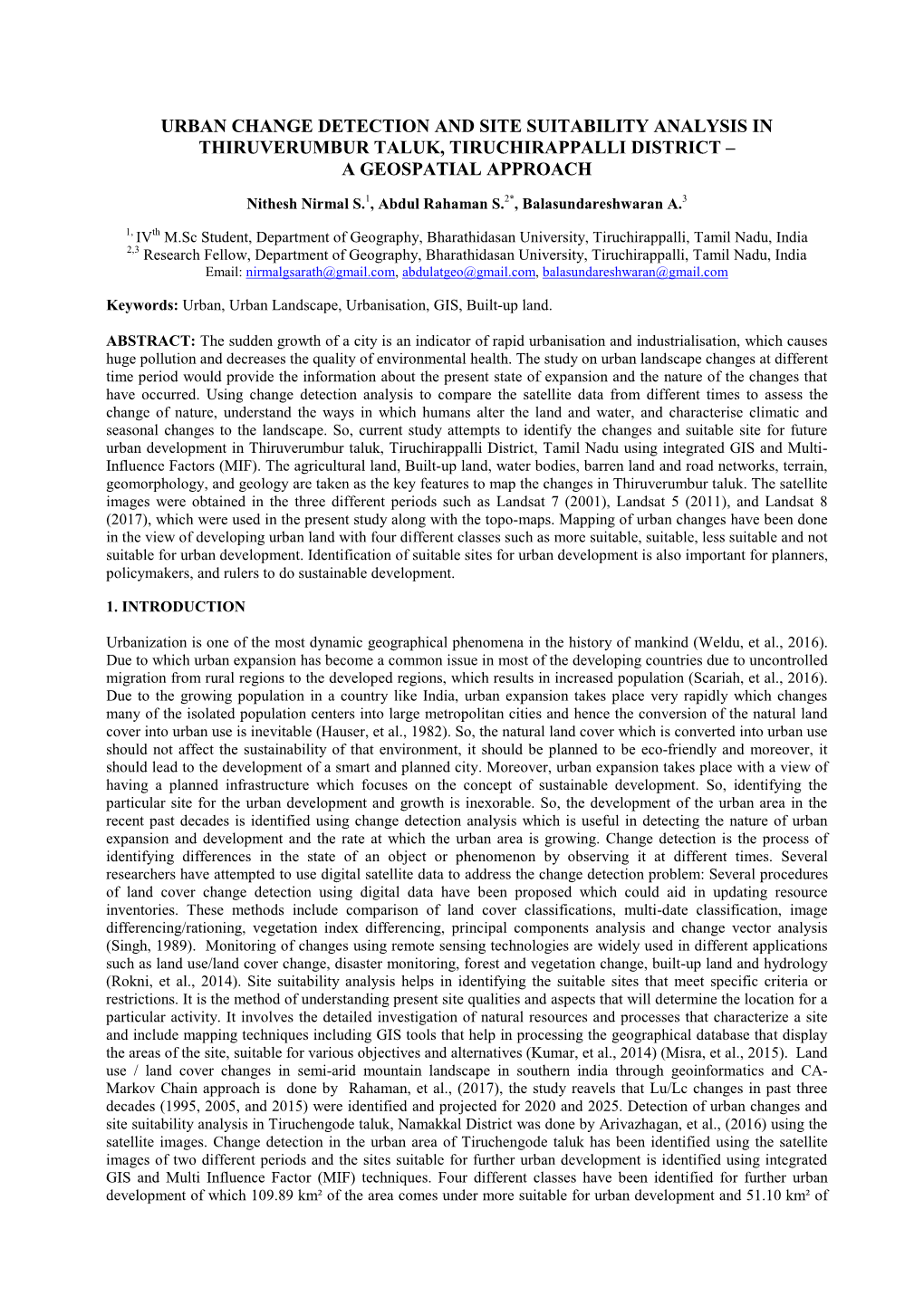 Urban Change Detection and Site Suitability Analysis in Thiruverumbur Taluk, Tiruchirappalli District – a Geospatial Approach