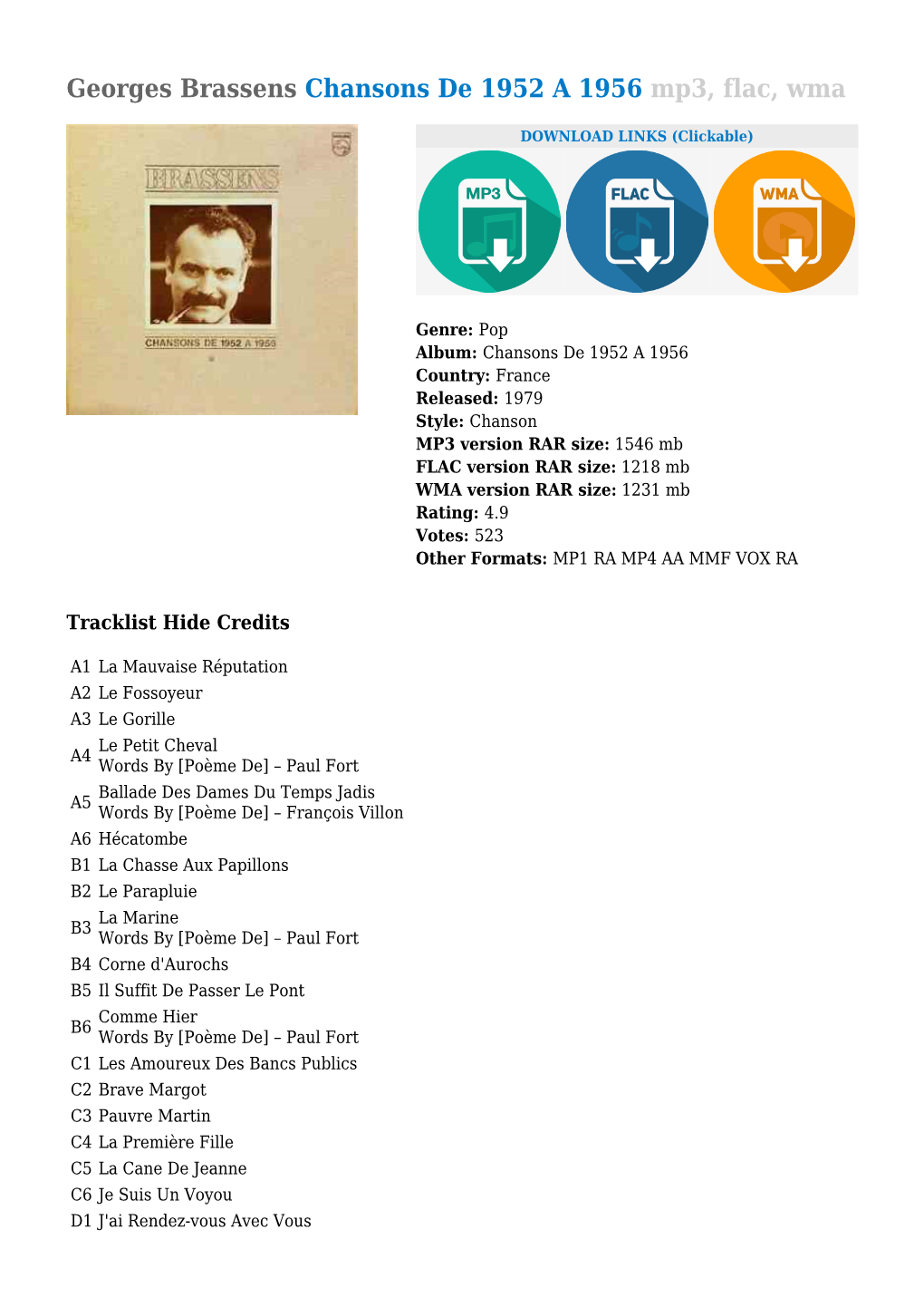 Georges Brassens Chansons De 1952 a 1956 Mp3, Flac, Wma