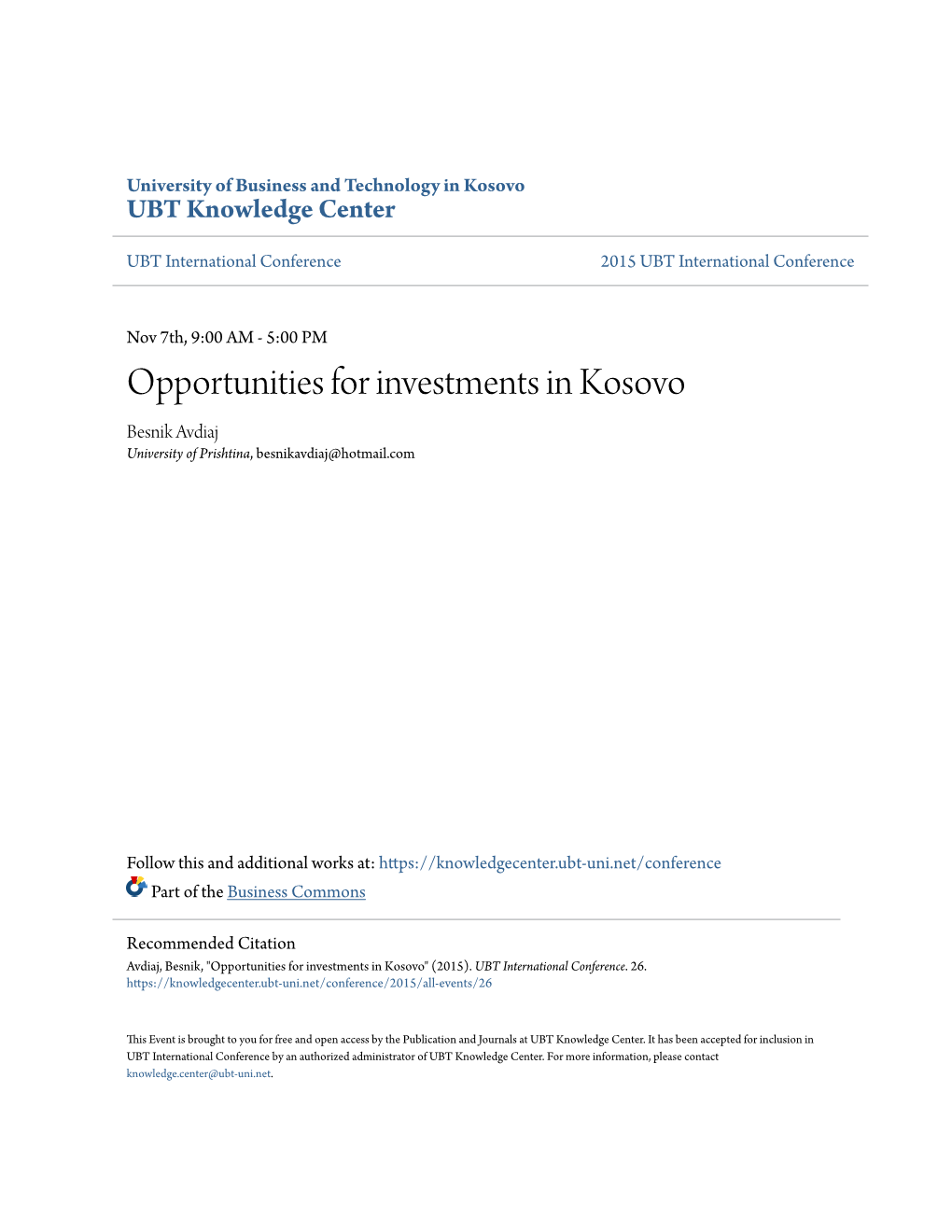 Opportunities for Investments in Kosovo Besnik Avdiaj University of Prishtina, Besnikavdiaj@Hotmail.Com