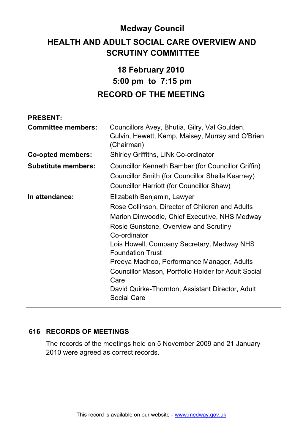 Medway Council HEALTH and ADULT SOCIAL CARE OVERVIEW and SCRUTINY COMMITTEE
