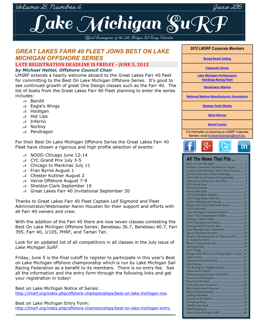 Lake Michigan Surf Newsletter the E-Publication of the Lake Michigan Sail Racing Federation