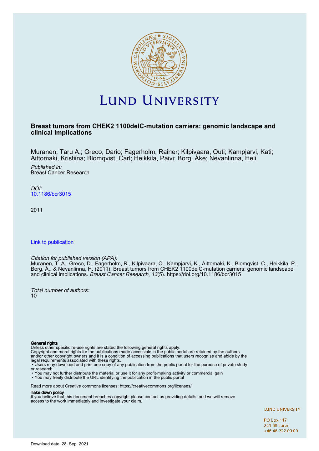 Breast Tumors from CHEK2 1100Delc-Mutation Carriers: Genomic Landscape and Clinical Implications