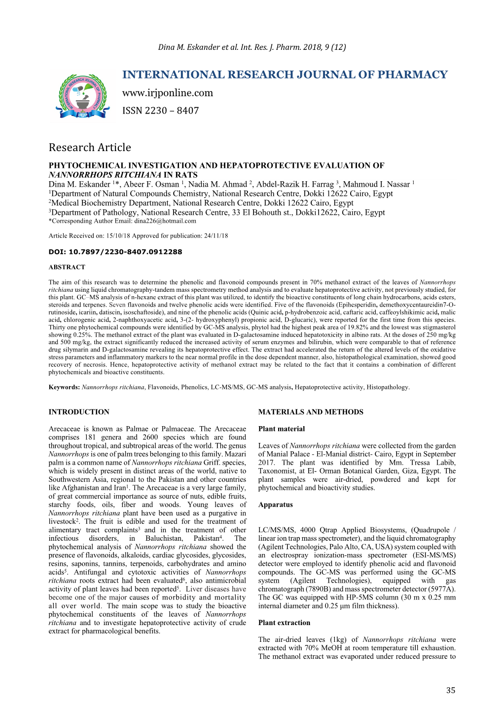 PHYTOCHEMICAL INVESTIGATION and HEPATOPROTECTIVE EVALUATION of NANNORRHOPS RITCHIANA in RATS Dina M