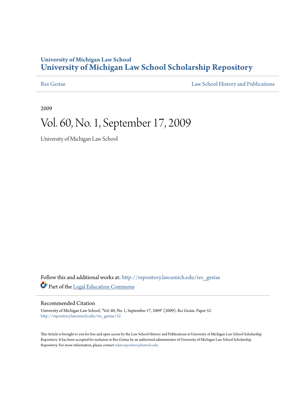 Vol. 60, No. 1, September 17, 2009 University of Michigan Law School