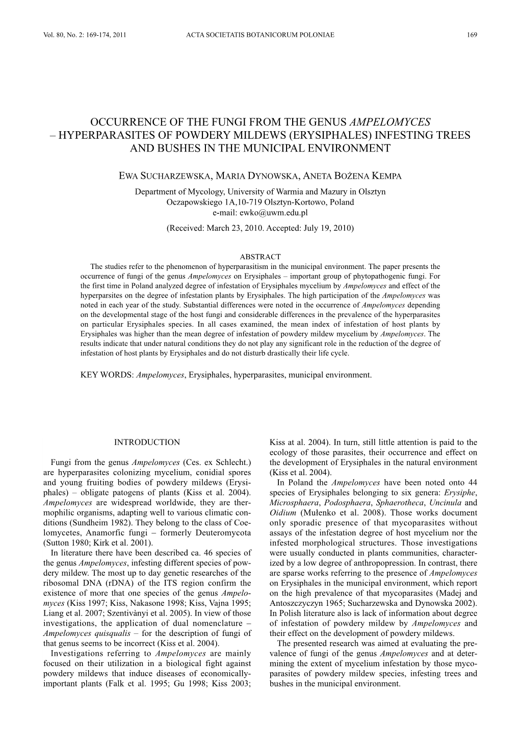 Occurrence of the Fungi from the Genus Ampelomyces – Hyperparasites of Powdery Mildews (Erysiphales) Infesting Trees and Bushes in the Municipal Environment