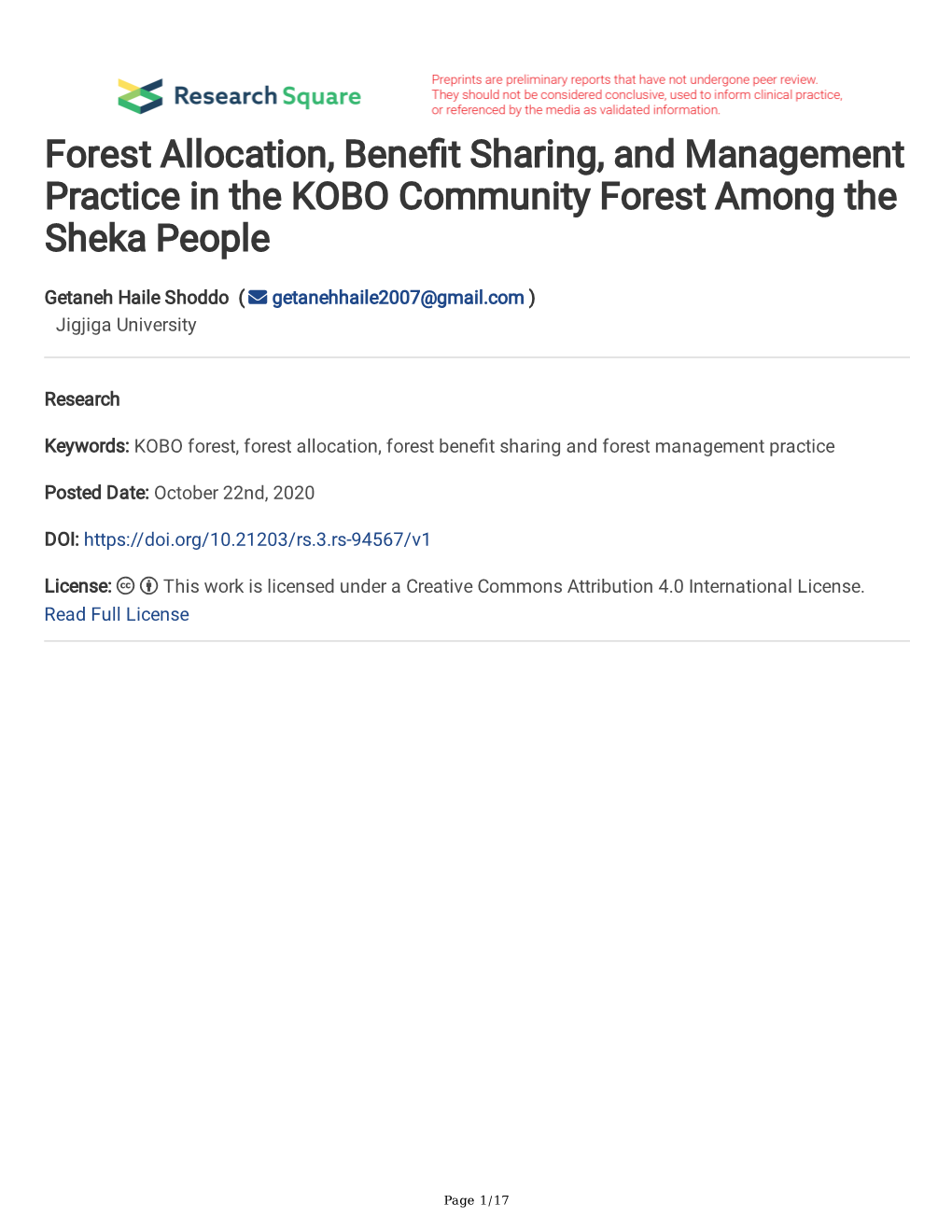 Forest Allocation, Bene T Sharing, and Management Practice in the KOBO